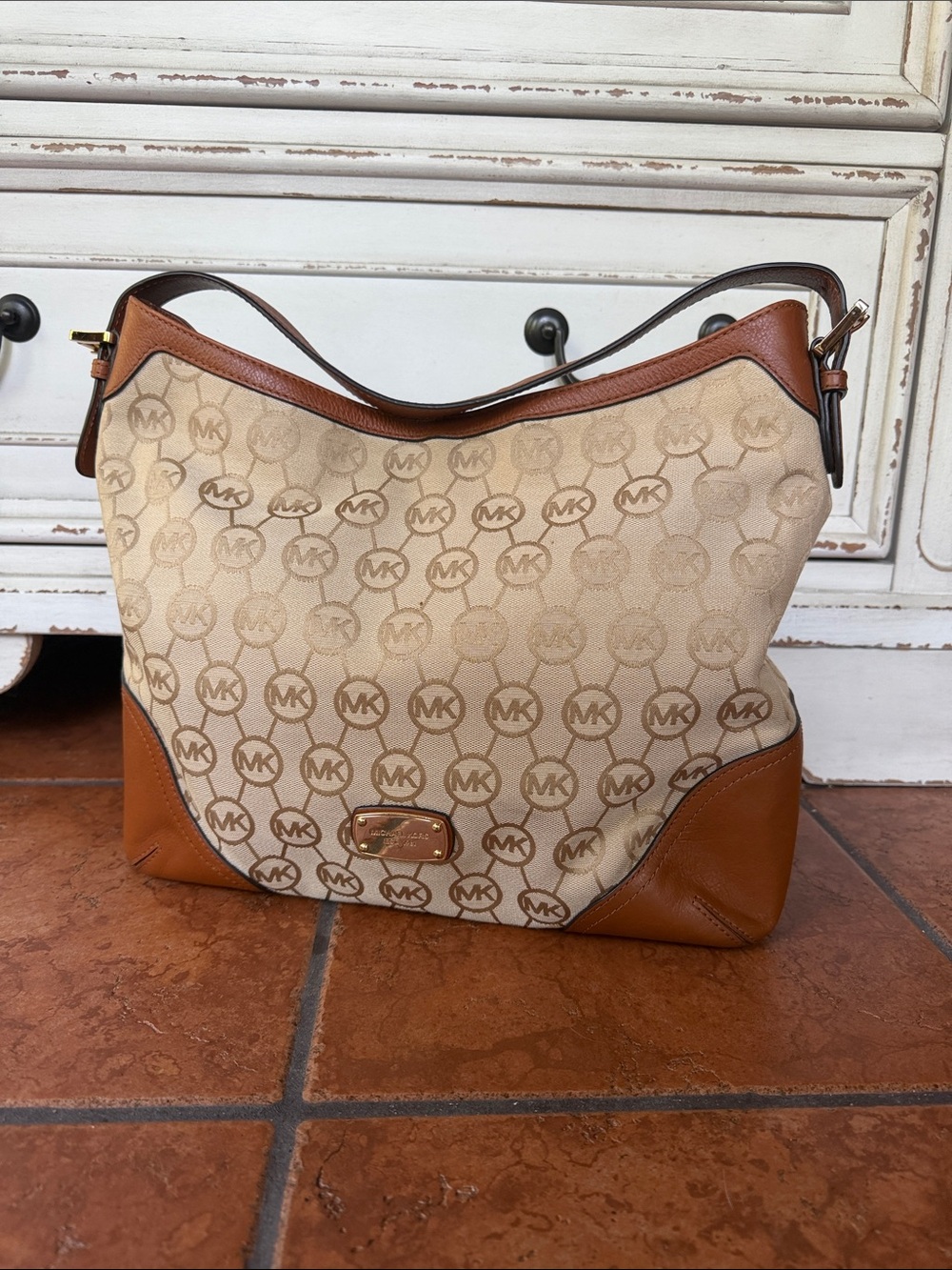 Michael Kors Beige Canvas and Brown Leather Shoulder Hobo